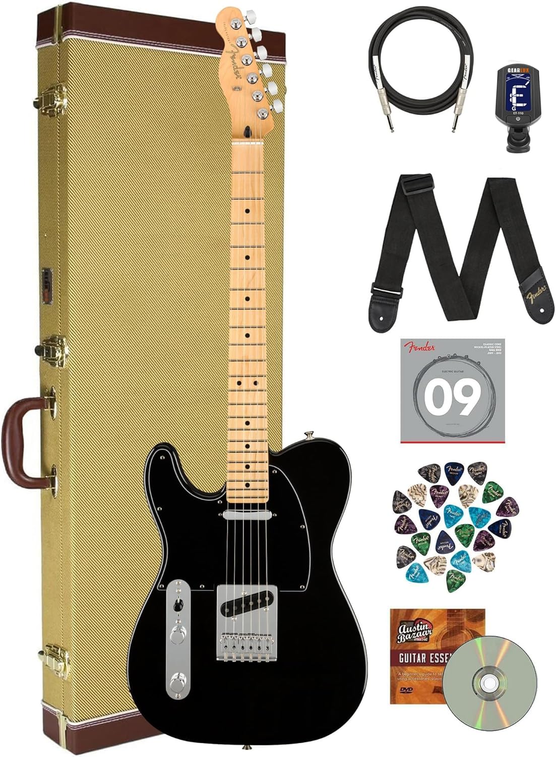 Fender Player Telecaster® Left-Handed - Black Bundle with Premium Tweed Case, Instrument Cable, Tuner, Guitar Strap, Extra Strings and Austin Bazaar Guitar Essentials DVD