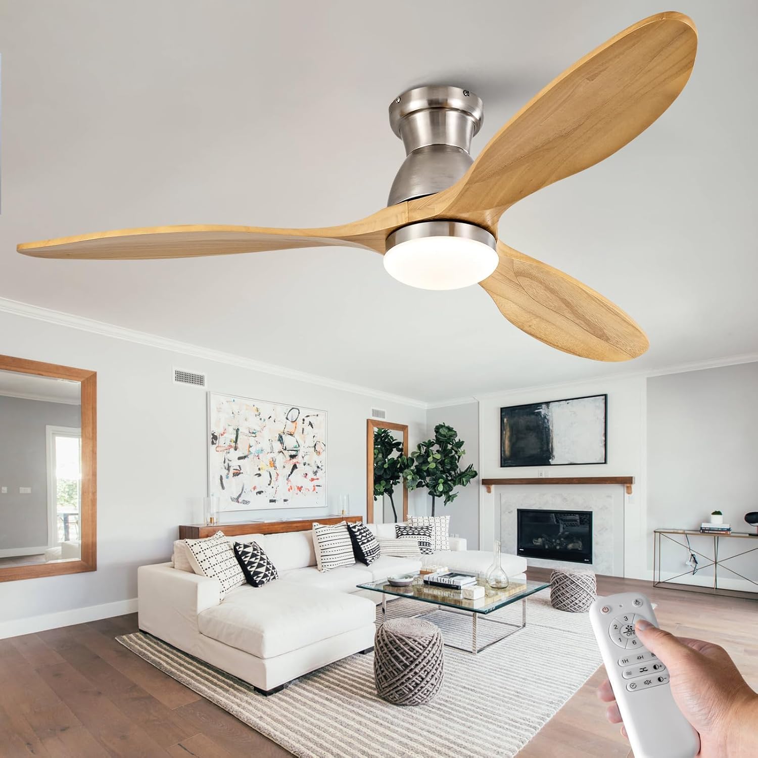 Dimmabl 52 Inch Flush Mount Ceiling Fans with Lights and Remote, 3 Blade Wood Ceiling Fan with Lights, Low Profile Ceiling Fan with Light Brushed Nickel Outdoor Ceiling Fans