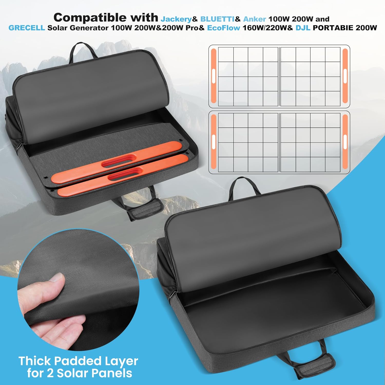 Travel Carrying Case Compatible with Jackery& BLUETTI& Anker 100W 200W and GRECELL Solar Generator 100W 200W&200W Pro, Solar Panel Storage Bag, Padded Carrying Case for 2 Panels with Multiple Pocket