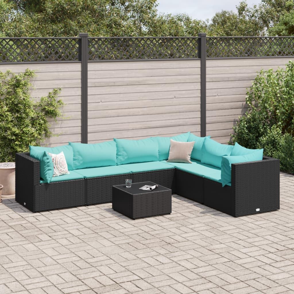 7 Piece Patio Lounge Set with Cushions Black Poly Rattan,AllWeather Rattan Outdoor Furniture Set with Glass Top Table and Cushions for Patio, Backyard, Balcony Patio Furniture Sets, Outdoor Furniture