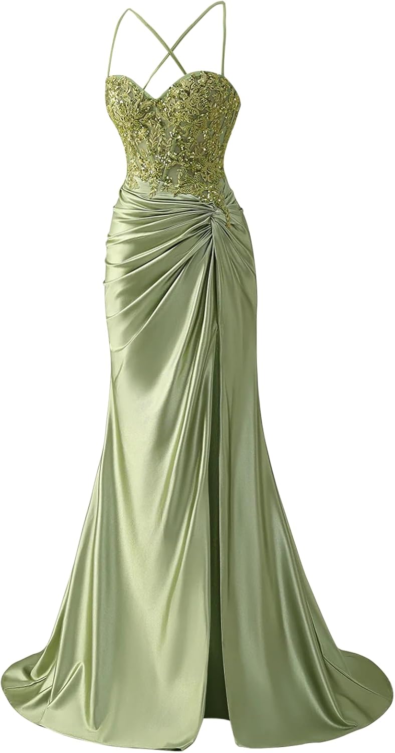 BOLENSYE Corset Prom Dresses Long Satin Lace Appliques Ball Gowns Mermaid Evening Dress with Slit