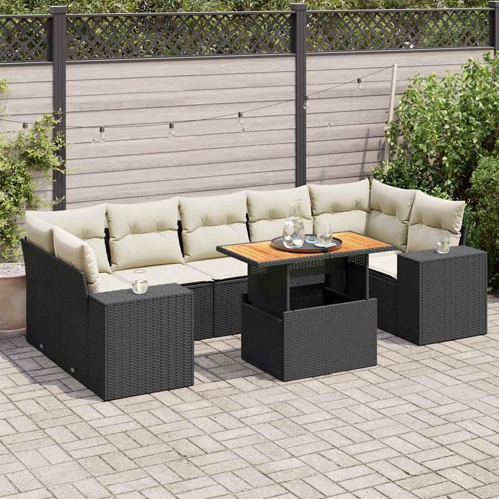 8-Piece Modular Garden Sofa Set Black PE Rattan Outdoor Furniture with Acacia Wood Table, Weather-Resistant Sectional Patio Seating for Comfortable Lounge and Entertainment