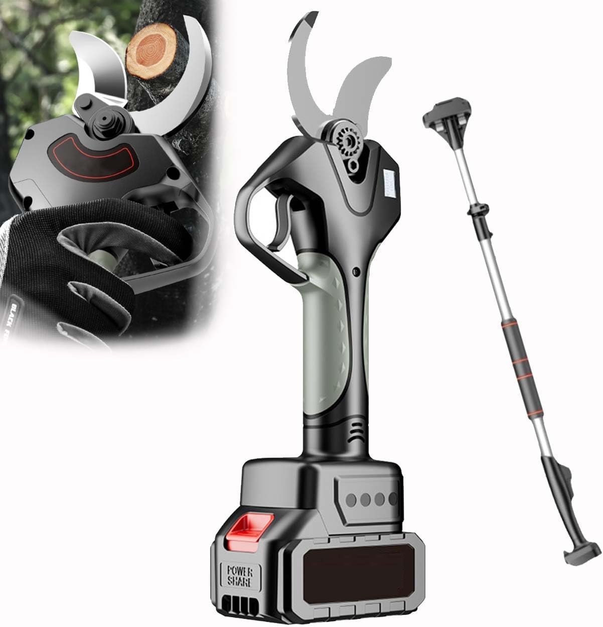 Electric Pruning Shears with Brushless Motor and SK5 Blade – Cordless Garden Tree Trimmer for Landscaping, Orchard, Vineyard – Safe and Efficient Cutter Tool(Withpole)