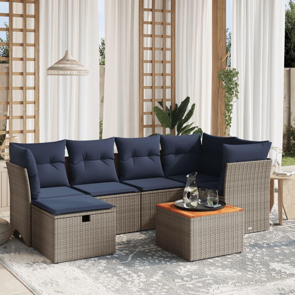 7 Piece Gray Poly Rattan Patio Sofa Set, Modular Outdoor Furniture with Cushions, Acacia Wood Tabletop, UV-Proof for Backyard, Terrace