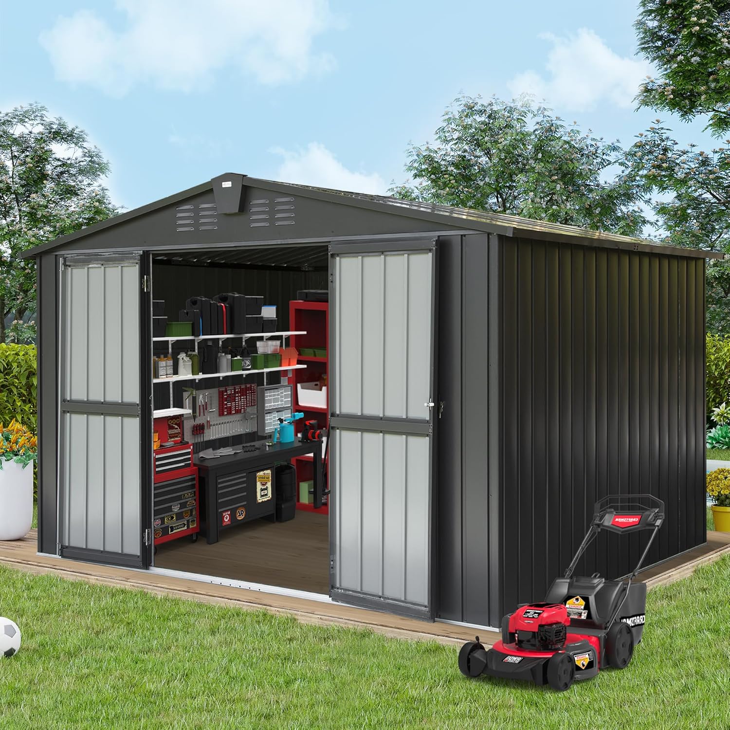 Domi Outdoor Storage Shed 10x8 FT, Metal Tool Sheds Storage House with Lockable Double Door,Large Bike Shed Waterproof for Garden,Backyard,Lawn