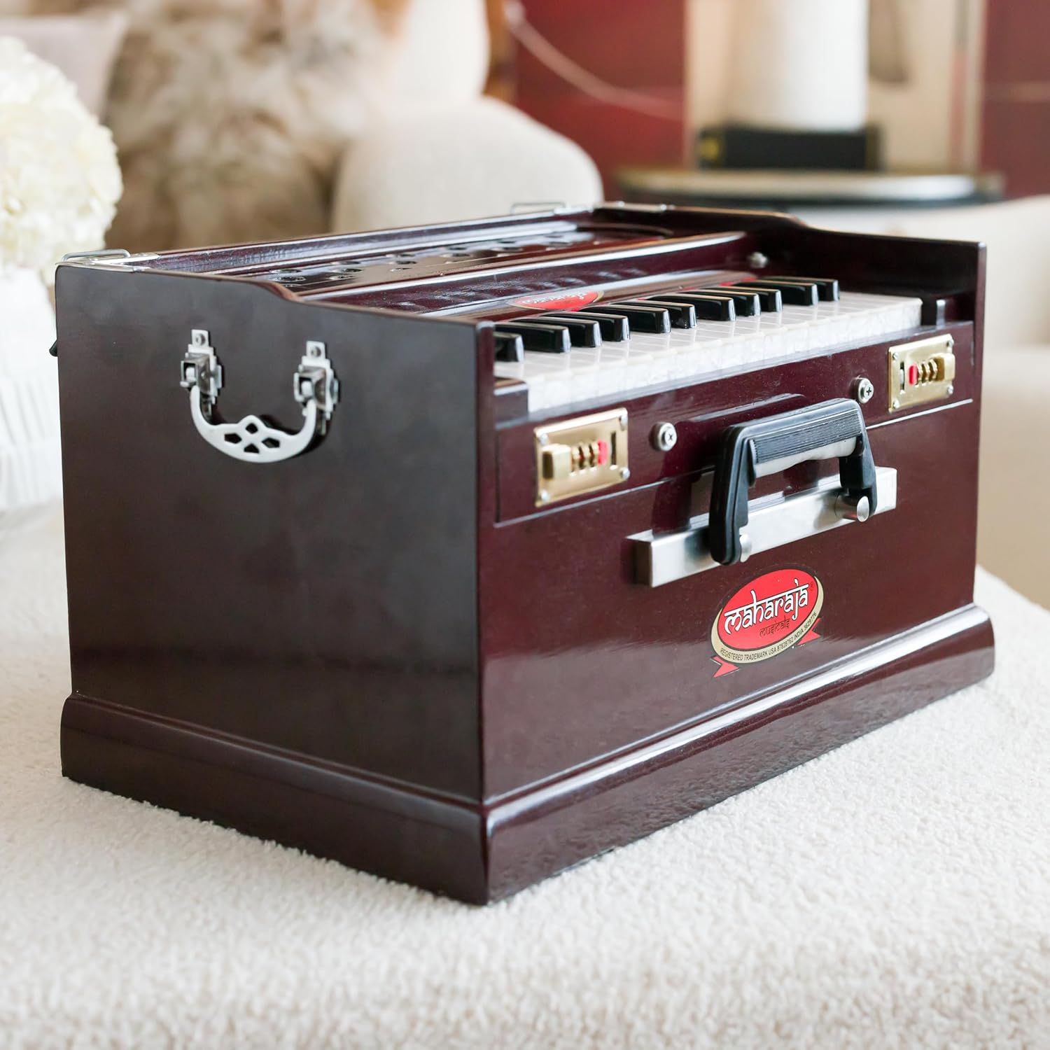 Portable Harmonium, Maharaja Musicals, Small, 2 1/4 Octaves Saptak, Dark Mahogany Color, 3 Fold Bellow, 17x10x10 Inch, Handle, Bag, Kirtan Yoga Companion, Handmade Harmonium Instrument-PH2