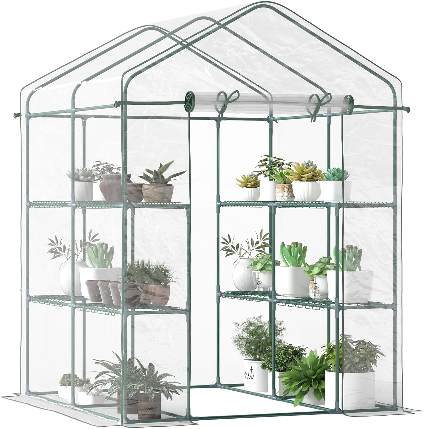 Outsunny 5' x 5' x 6' Mini Walk-in Greenhouse Kit, Portable Green House with 3 Tier Shelves, Roll-Up Door, and Weatherized Plastic Cover for Backyard Garden, Clear
