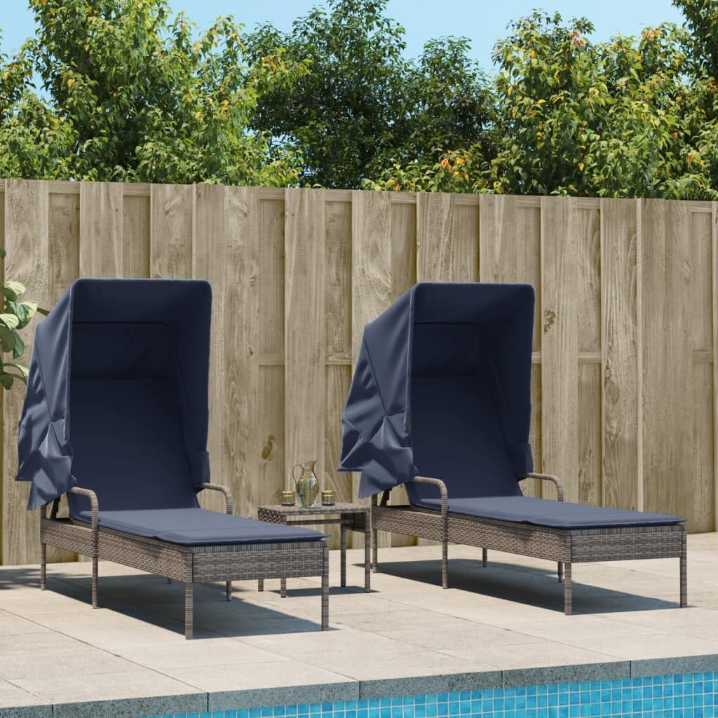 Patio Lounges Sun Loungers 2 pcs with Canopies and Table Gray Poly Rattan