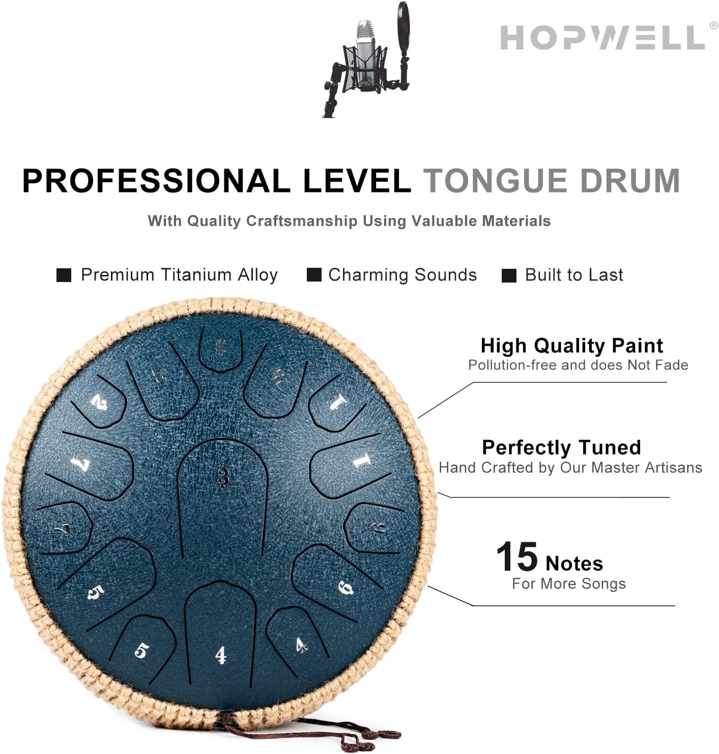 Steel Tongue Drum - 13 Inches 15 Notes Tongue Drum - Hand Pan Drum with Music Book, Handpan Drums Mallets and Carry Bag, D Major (Navy Blue)