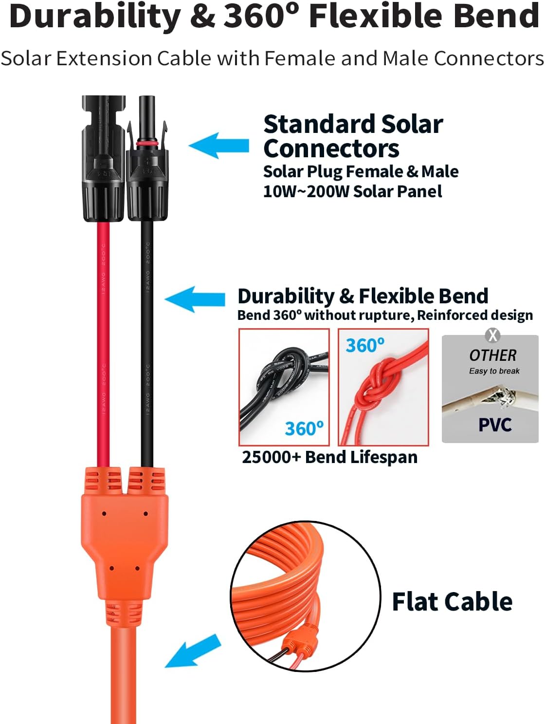 50Ft 10AWG Solar Panel Extension Cable - Tonton 6mm² One-Piece Solar Wire with IP68 Male and Female Connectors, Heavy-Duty PV Cable for Home, RV, and Photovoltaic Systems (10AWG 50FT 15M)