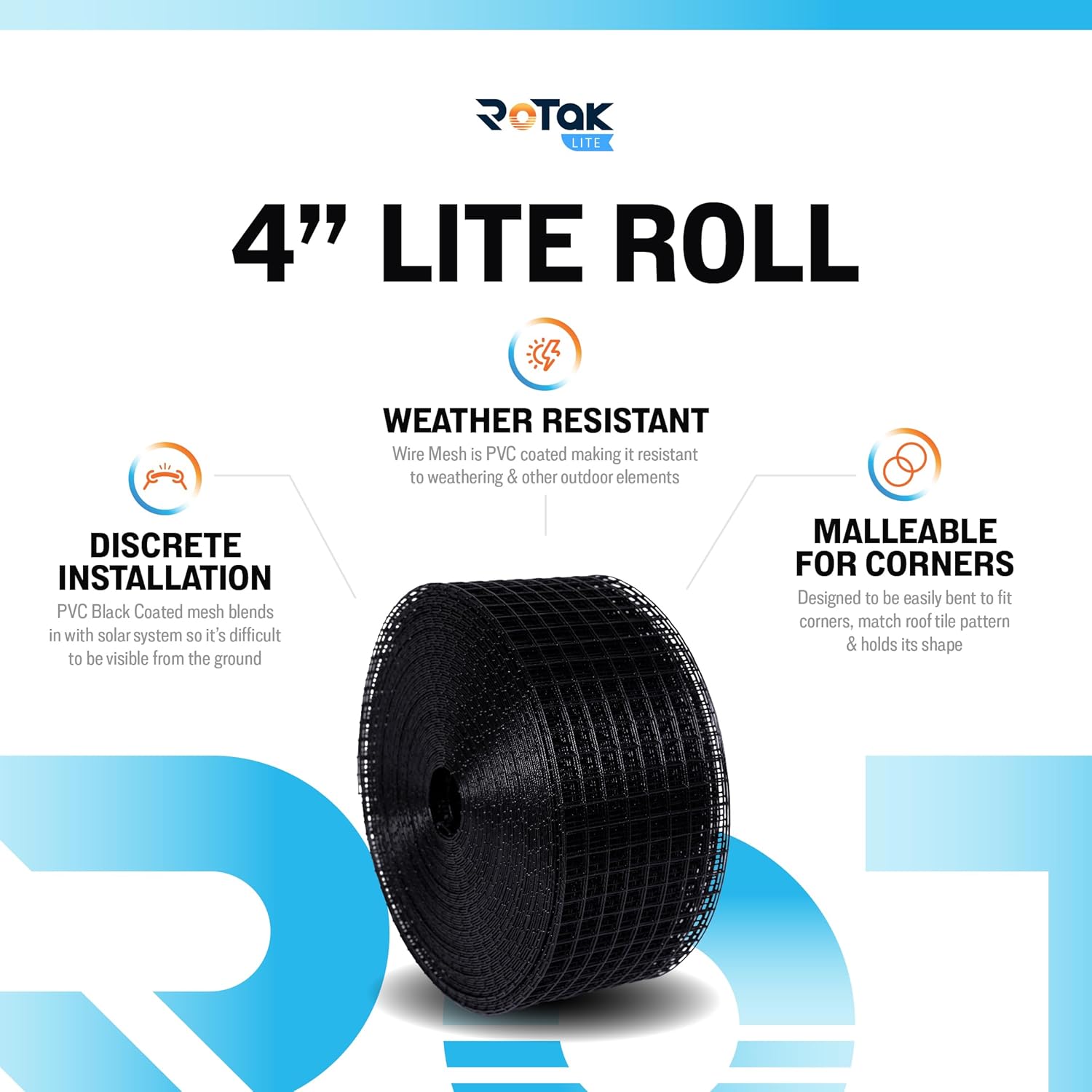 ROTAK Critter Guard - 4in x 100ft Solar Panel Bird Guard with Fastener Clips - Galvanized Black PVC Coated ½ inch Wire Roll Mesh (4