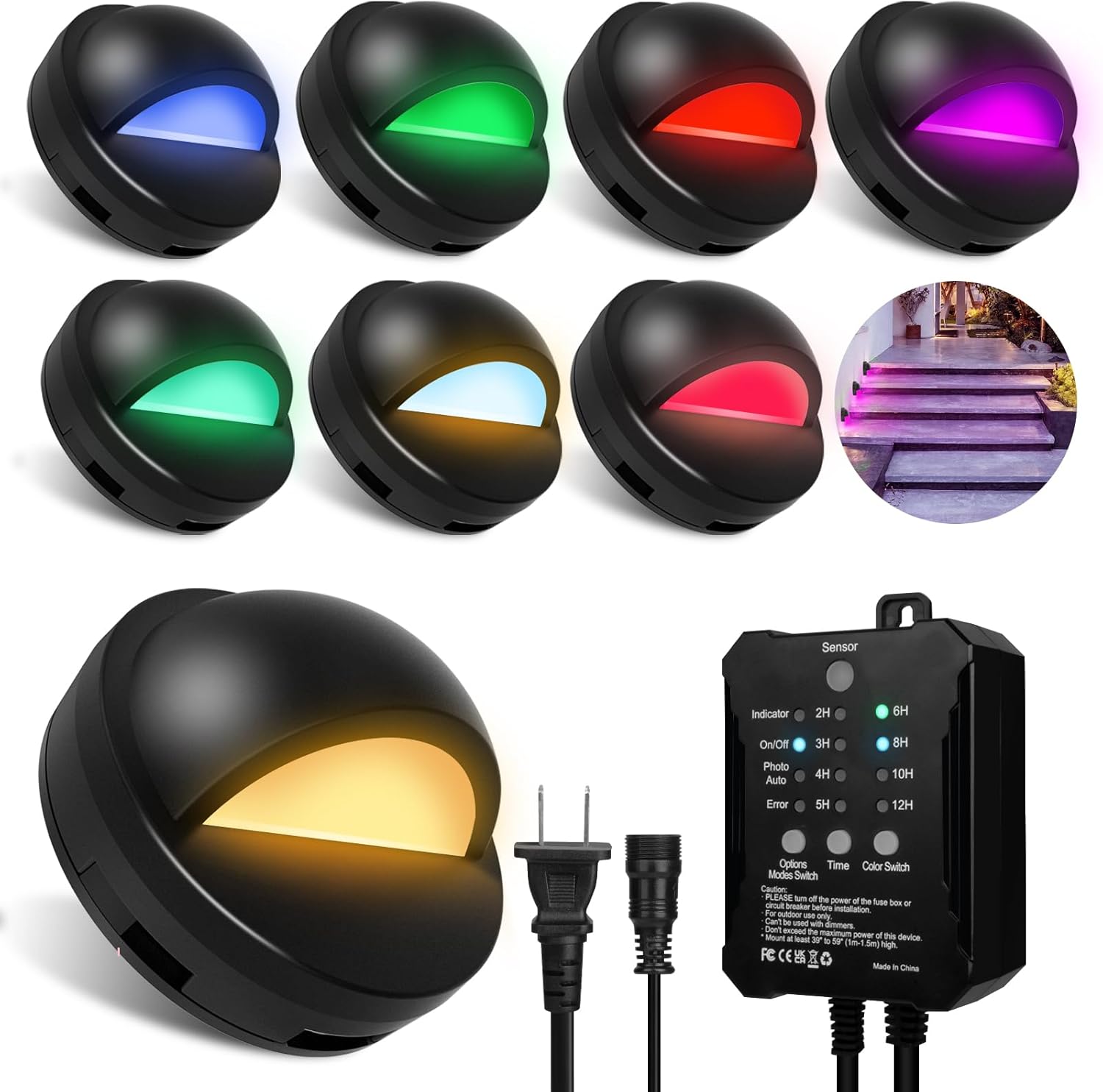 SMY Lighting RGBW Low Voltage Fence Lights Kit with Transformer Photocell Sensor and Timer IP67 Waterproof Patio Deck Lights for Outdoor Garden Steps Landscape Lighting Walkway 8Packs