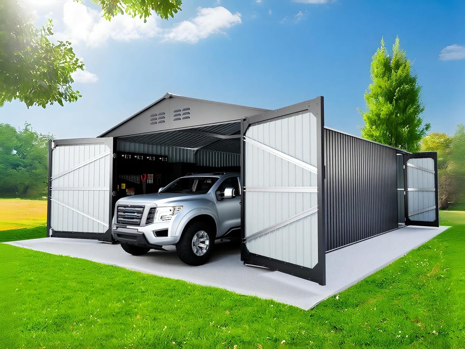 20 x 10 FT Outdoor Storage Shed, Metal Garage Shed with 2 Lockable Doors, Large Metal Building with 4 Air Vents, Galvanized Steel Prefab Storage House for Car, Truck, Bike, Tool, Black (Upgrade)