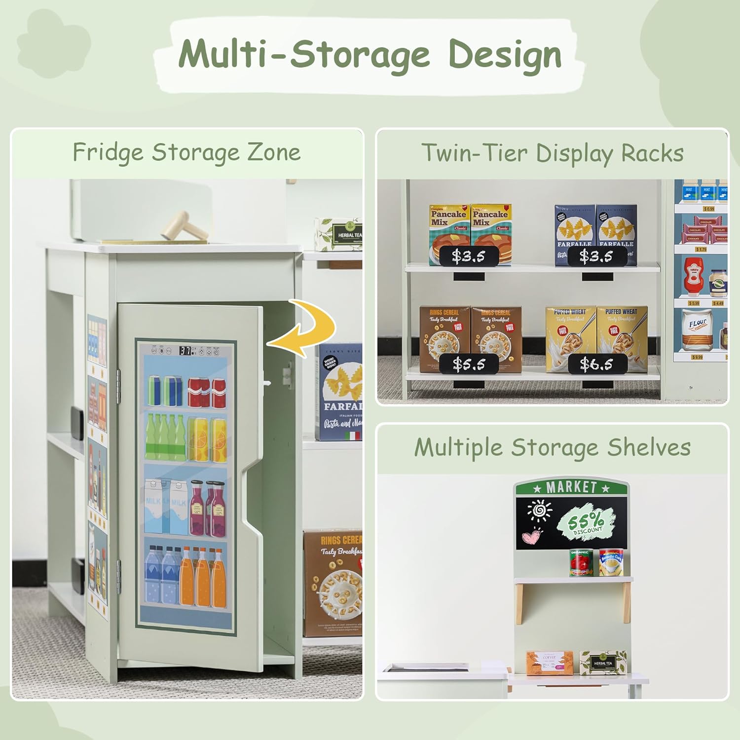 SainSmart Jr. Grocery Store Pretend Play, Wooden Play Store with Cash Register, Chalkboard, Cooler, Play Food Accessories, for Toddlers Aged 3+, Light Sage Green