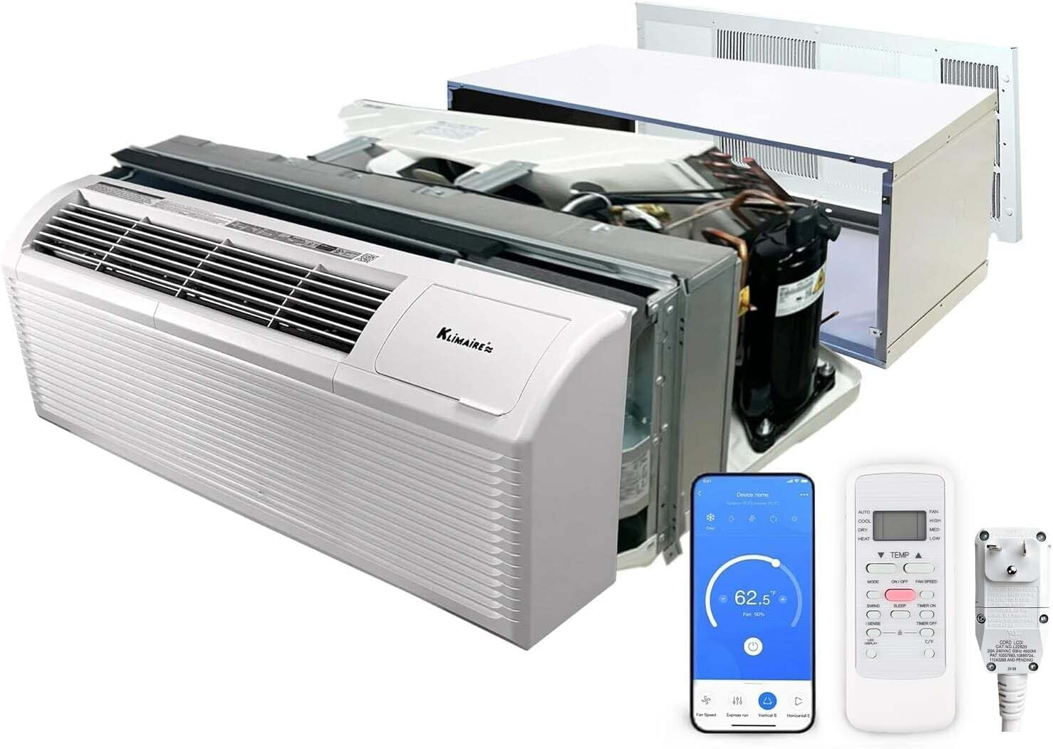 Klimaire 9,000 BTU PTAC Heat Pump A/C R-32 with 3.5kW Electric Heater, Remote, Sleeve, Grille, Drain Kit - 230V