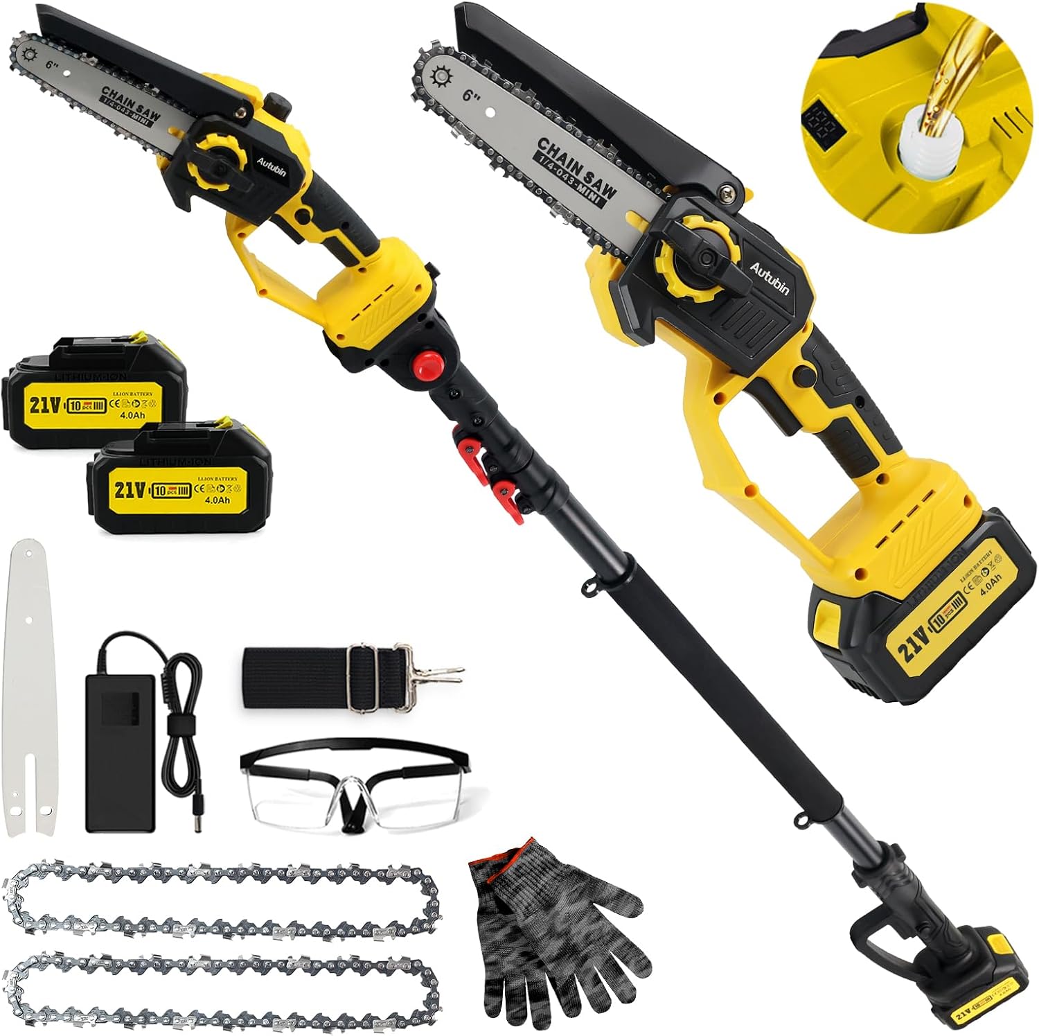 2-in-1 Electric Pole Saw for Tree Trimming,1200W Brushless Cordless Pole Saw & 6 Inch Mini Chainsaw with 2 x 4.0Ah 21V Batteries,16 FT Max Reach & Multi-Angle, Tree Trimmer for Branch Cutting.