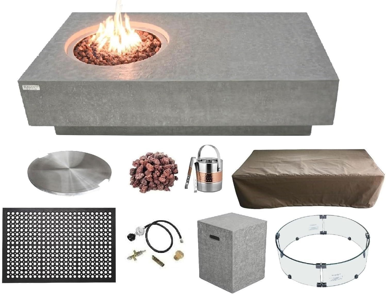 Elementi Metropolis Gas Fire Pit Bundle Concrete Fire Table, Outdoor Fire Pit Electronic Ignition | Canvas Cover, Lava Rock Included | Free Wind Guard | Light Gray (Propane Gas)