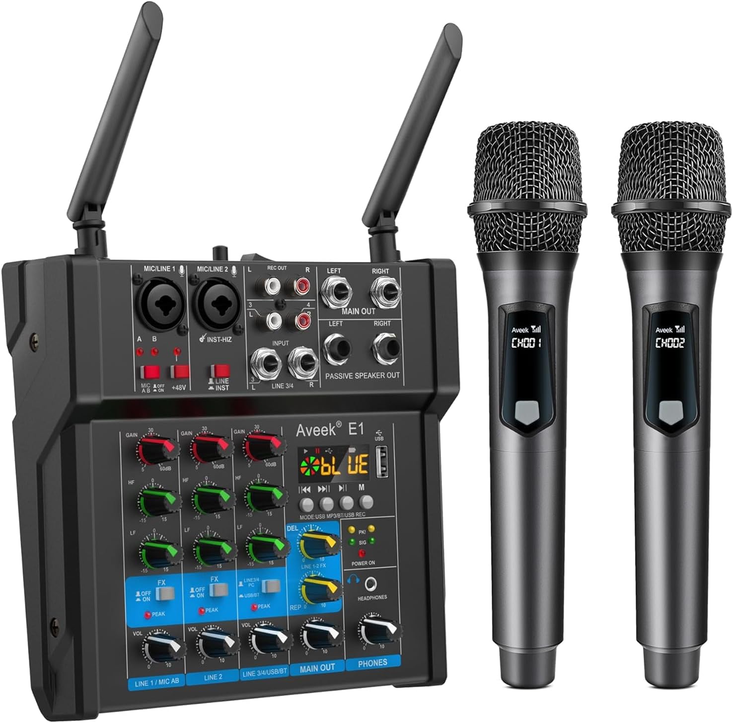 Aveek 150W x2 Powered Amplifier Audio Mixer,4 Channel with Dual Wireless Mic Sound Board Console MP3 Digital USB Bluetooth Computer Input 48V Phantom Power Stereo DJ Mixing for Karaoke Party