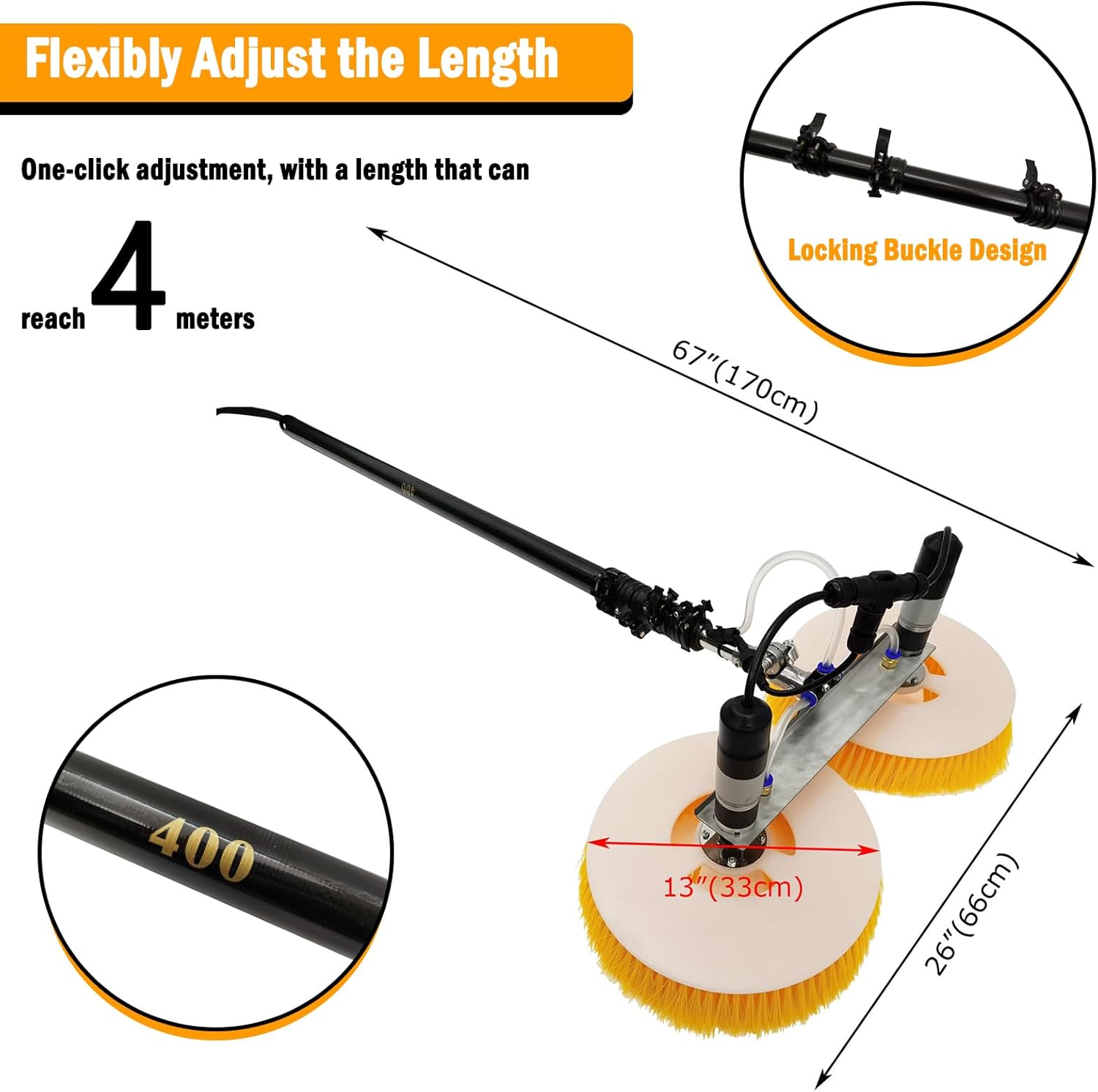 13FT Photovoltaic Cleaner Machine Double Head Solar Panel Cleaning Brush Telescopic Water Fed Pole Brush Solar Panel Cleaning Kit Stainless Steel Head 110V