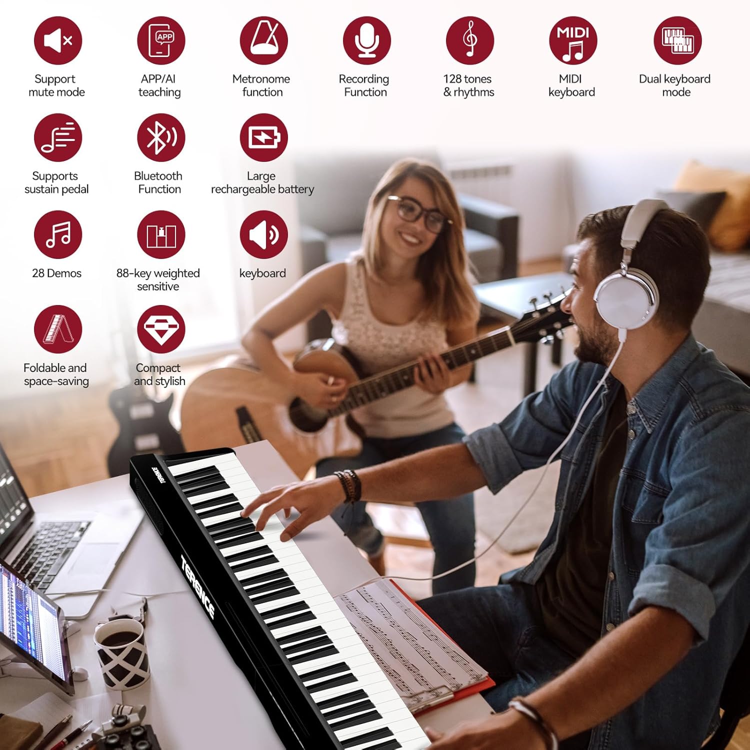 Portable Piano Keyboard Foldable: 88 keys Semi-Weighted keyboard Portable Keyboard Piano with MIDI Bluetooth TERENCE Electric Folding Piano Kit for Adult