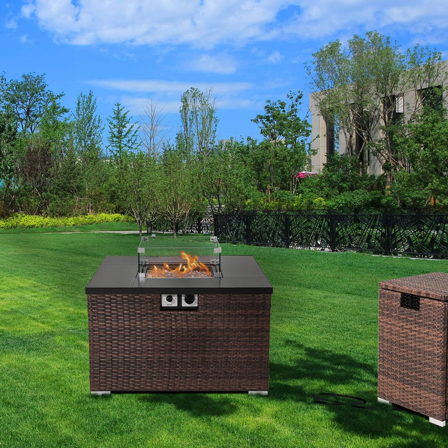 AQUILLA Outdoor Propane Burning Fire Pit w Tank Table, Dark Brown Rattan 40000 BTU, Free Lava Rocks, Waterproof Cover for Garden, Backyard, Poolside