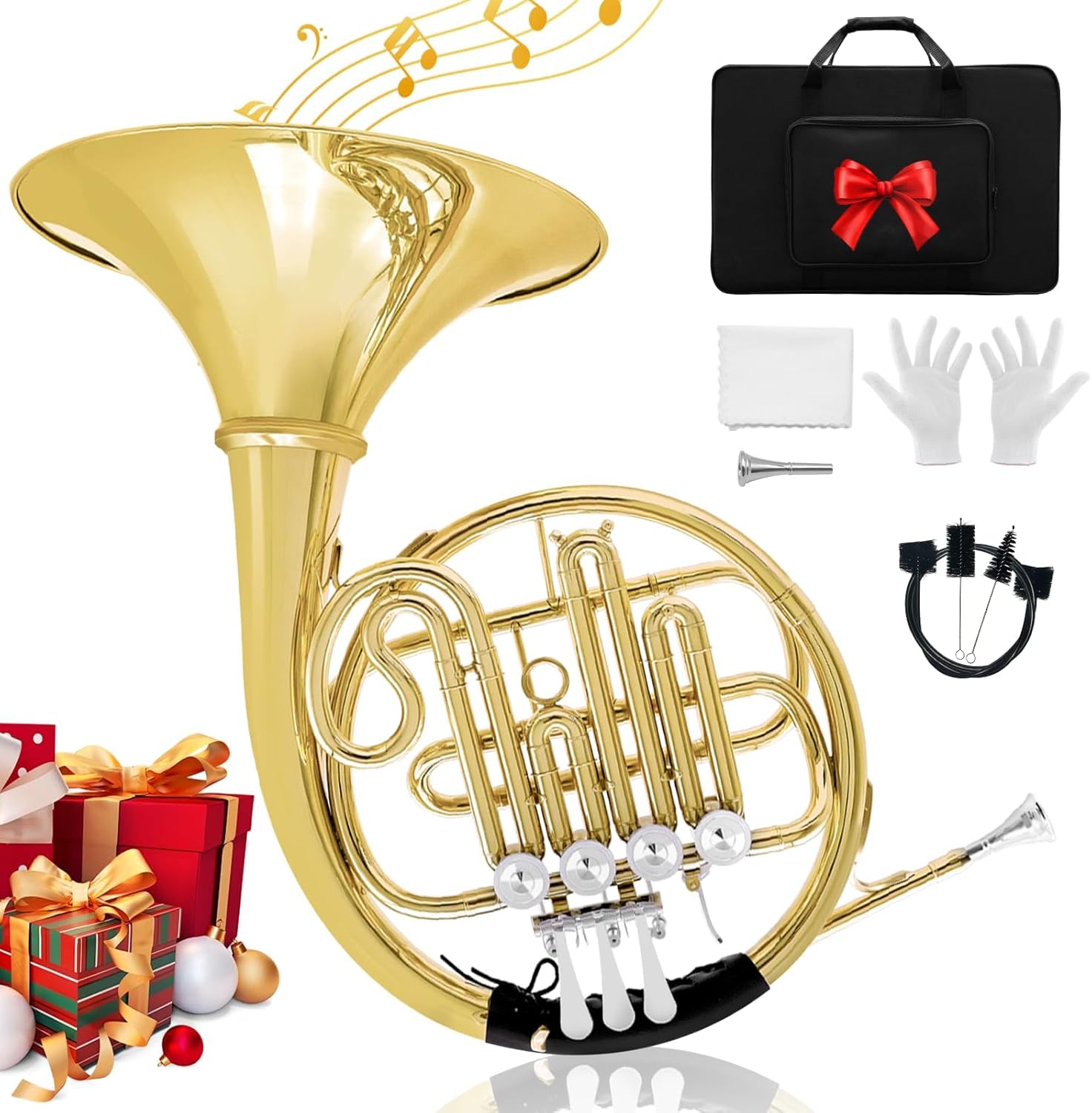 French Horn B Flat, 4 Key Gold Single French Horn Beginner Set for Students & School Bands‌ Brass Lacquer Craft Includes Musical Instrument Box Mouthpiece, Gloves, Cleaning Kit