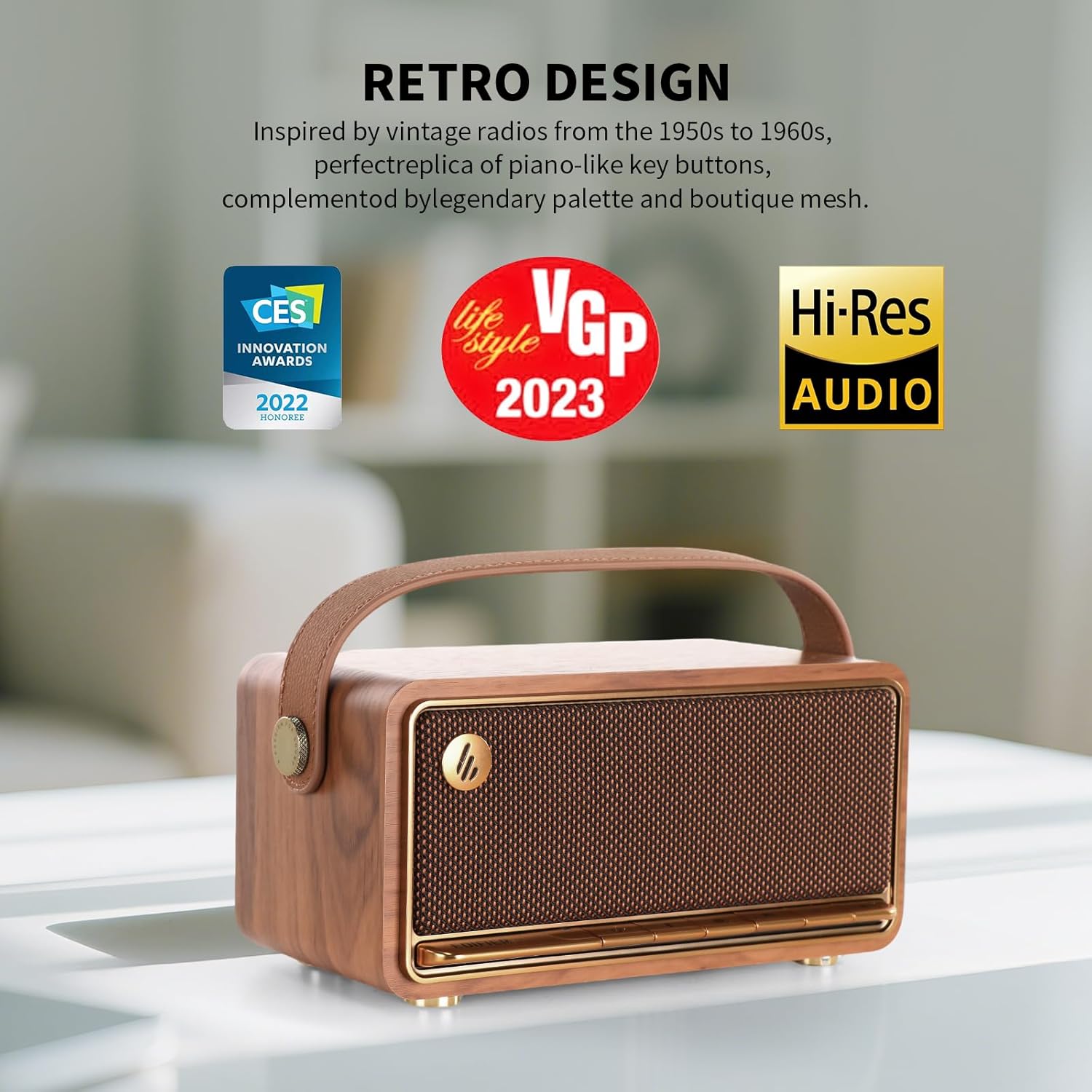 Edifier Retro Wood Bluetooth Speaker, Wireless Portable Speakers with 40W Hi-Res Audio, Stereo Pairing ConneX App, USB and TF Card Brown