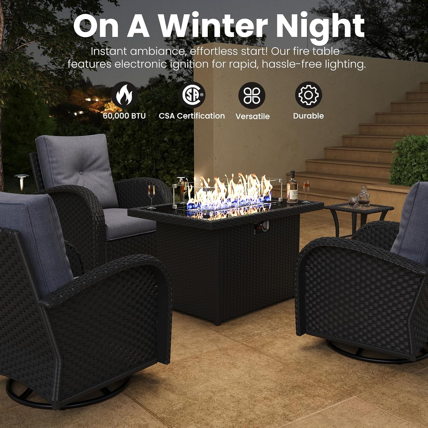 Rectangular Fire Pit Table, 44 inch Propane Gas Fire Pit with Glass Rocks, Wind Guard Glass Shield, Waterproof Cover for Outside Patio Backyard Deck Balcony