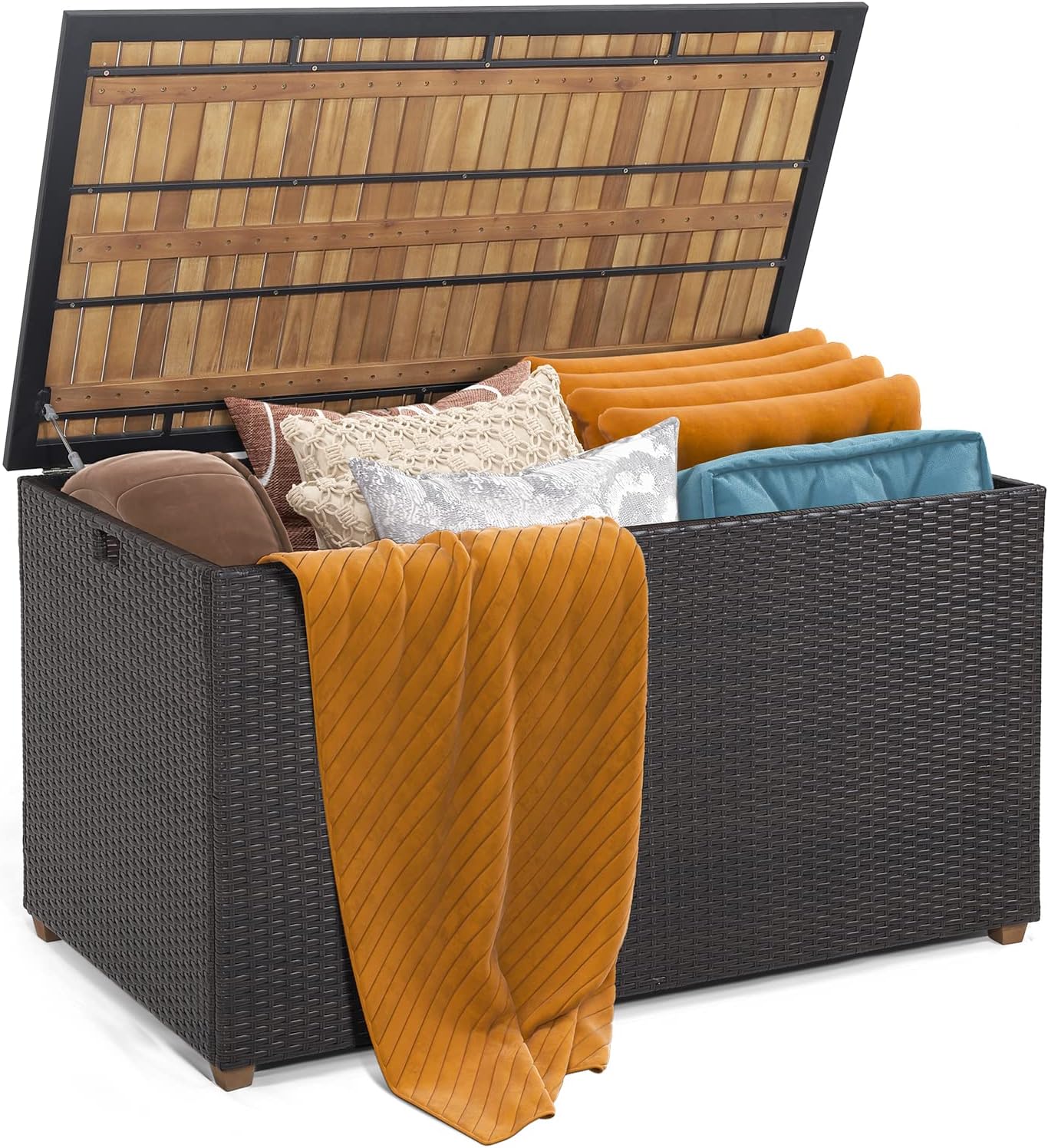 Tangkula 134 Gallon Outdoor Storage Box, Wicker Patio Deck Box with Solid Acacia Wood and Waterproof Zippered Liner, Outdoor Storage Container for Cushions, and Garden Tools (Mix Brown)