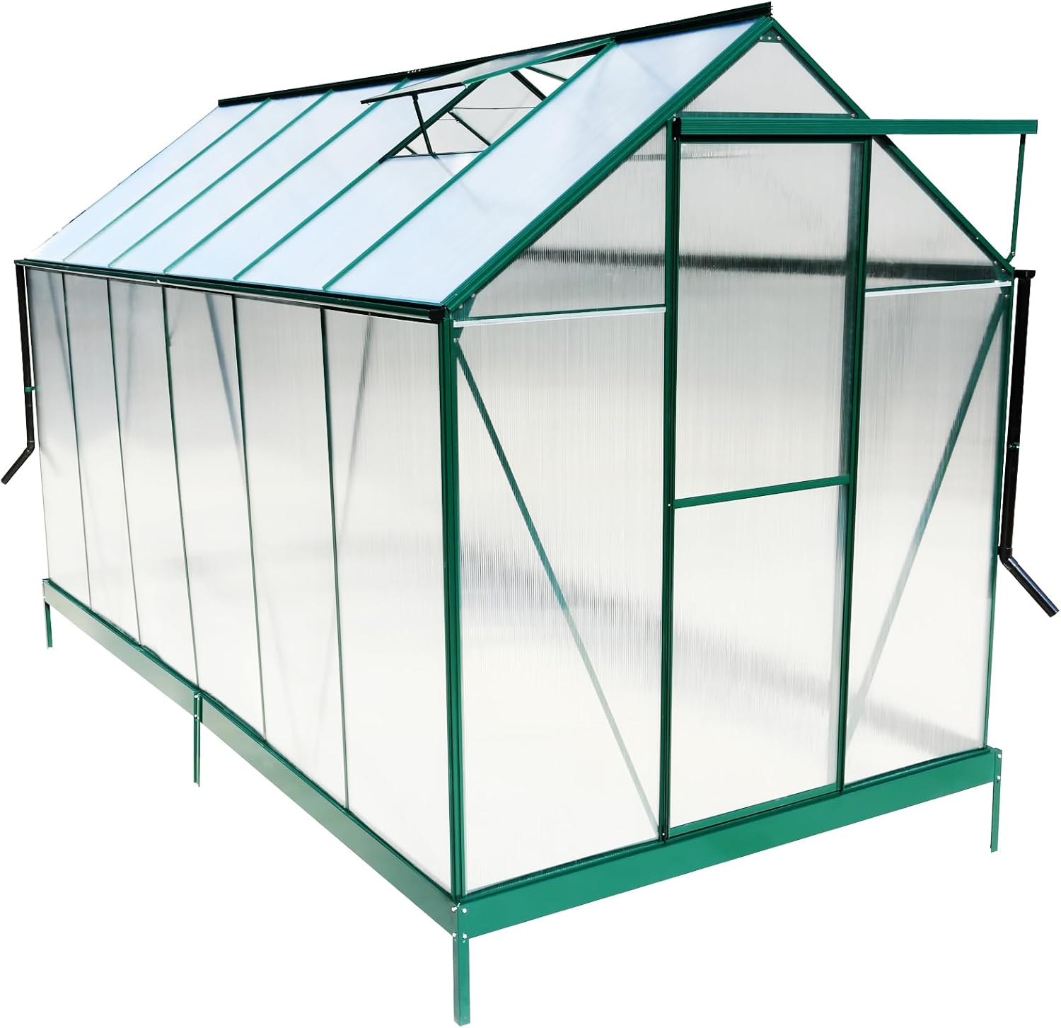 Polycarbonate Greenhouse, 6.3 x 12.2 Ft, Outdoor Greenhouse with Adjustable Vent Windows, Pavilion Styled Greenhouse with Rain Gutter and Door, Large Walk-in Greenhouse Kit for Backyard Garden, Green