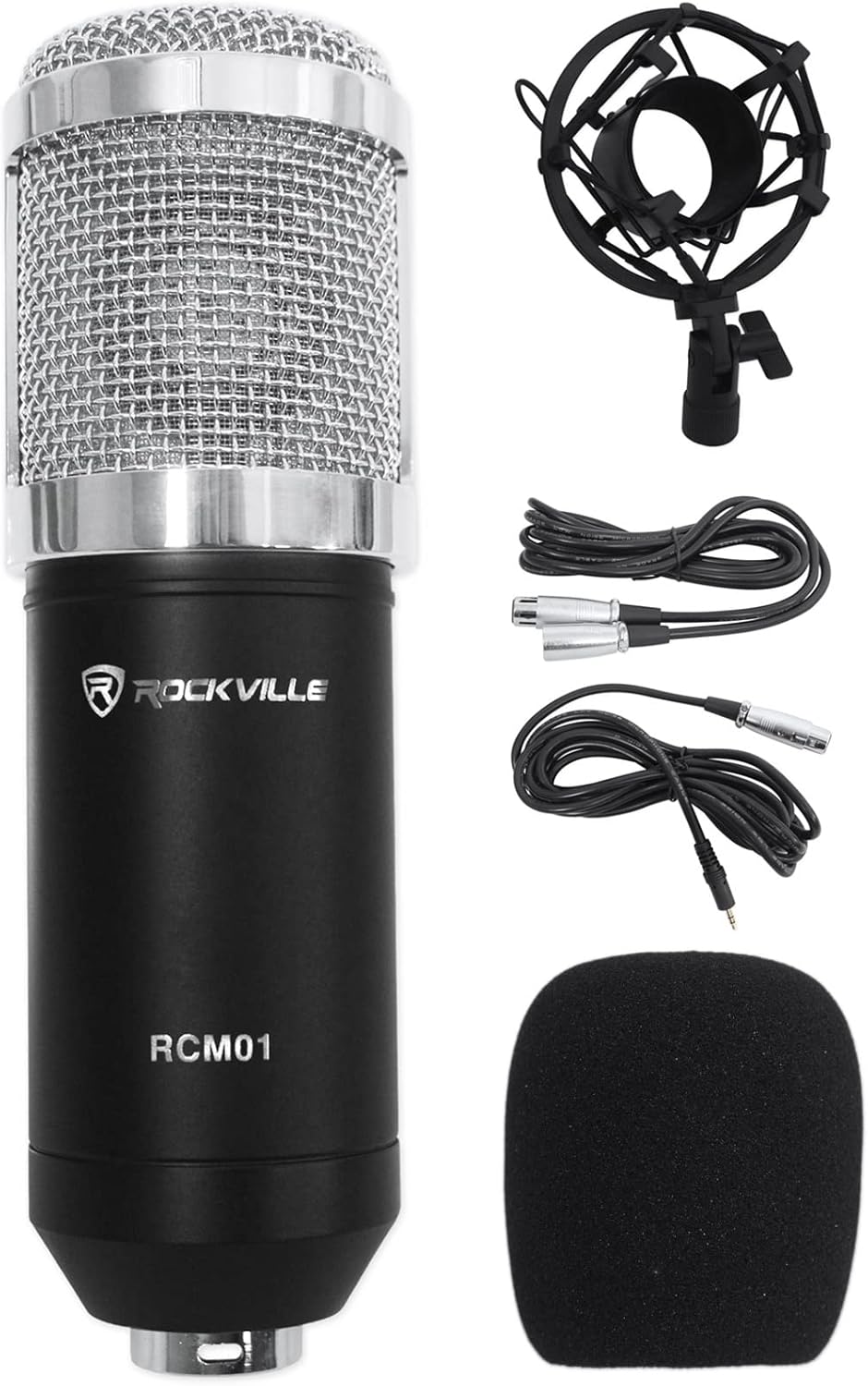 Rockville R-TRACK 2x2 Bundle: USB audio interface 24 Bit 192 kHz, (2) RCM01 microphones w/mounts, (2) PRO-M50 headphones, (2) R-BOOM 34 Mic Stand, RHPA4 4-ch headphone amplifier, TRS cable, 9-items