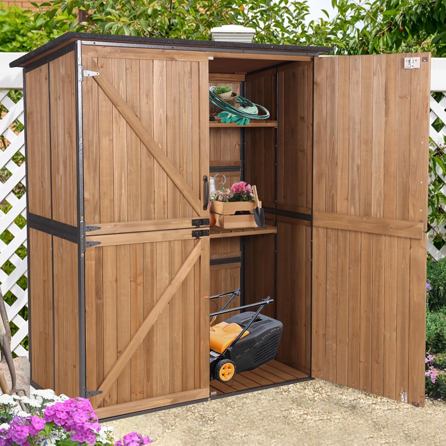 Outdoor Storage Shed with Adjustable Shelves, Wooden Garden Storage shed with Sturdy Metal Frame, Large Outdoor Storage Cabinet for Backyards Patios Gardens (Brown)