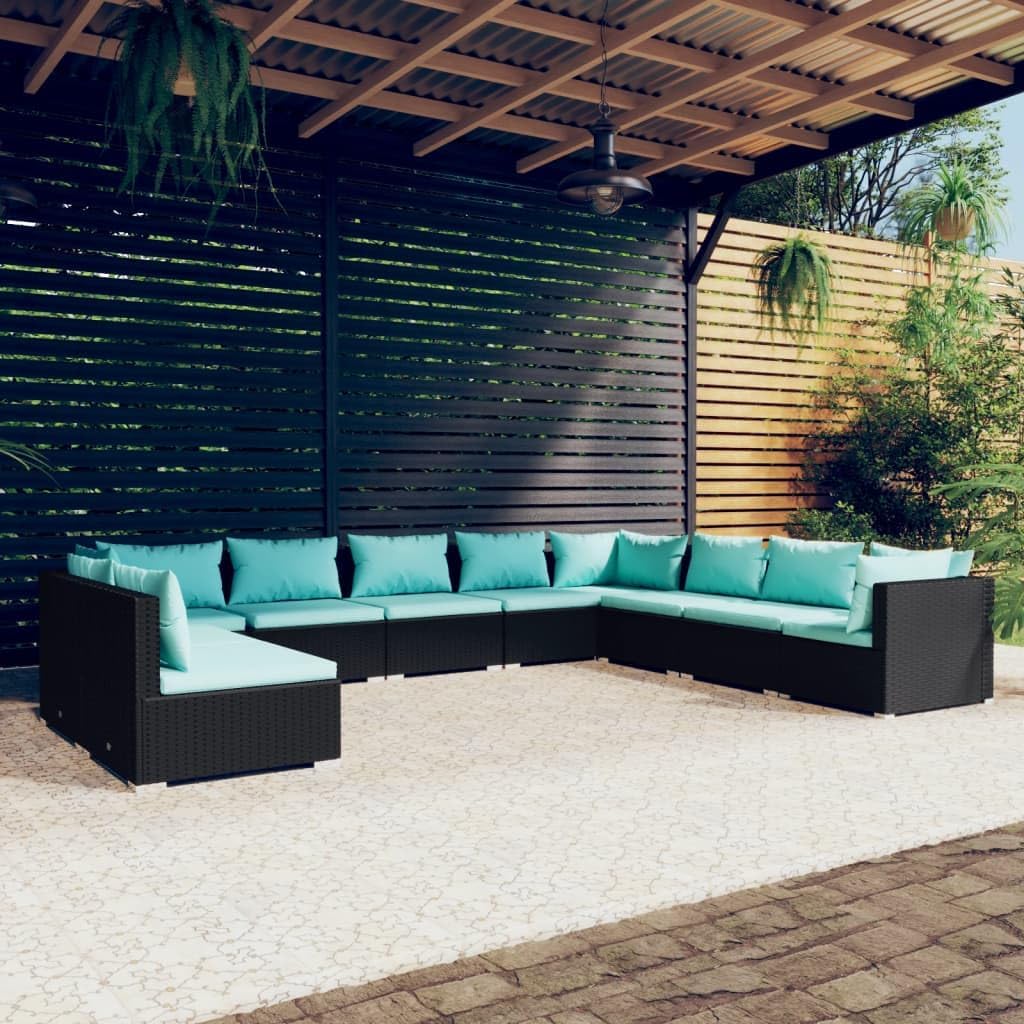 10 Piece Patio Lounge Set with Cushions Black Poly Rattan,Modern Patio Lounge Set with WaterResistant Rattan and Plush Cushions Furniture Sets for Patio, Lawn & Garden