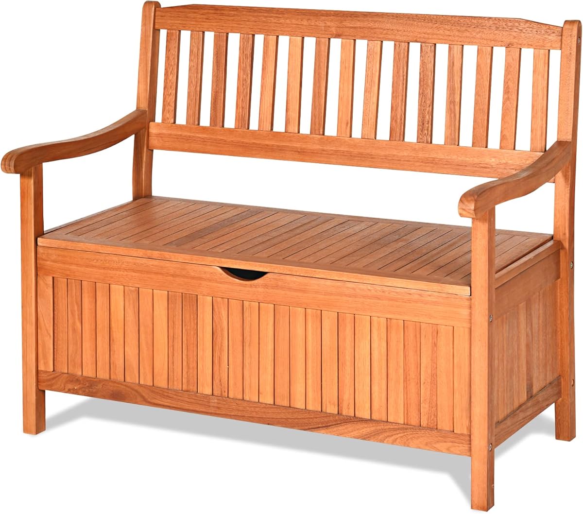 Tangkula Outdoor Wood Storage Bench Deck Box, Entryway Porch Storage Bench with Inner Removable Dust-Proof Lining & Portable Handles, Eucalyptus Wood Loveseat for Garden, Lawn, Balcony & Yard