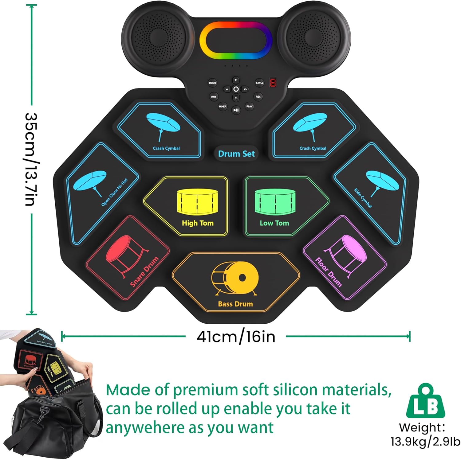 Electronic Drum Set, 9 Pads Roll Up Drum Kit, Built-in 2 Foot Pedals, Drumsticks, Headphone Jack, MIDI Support, Graphic