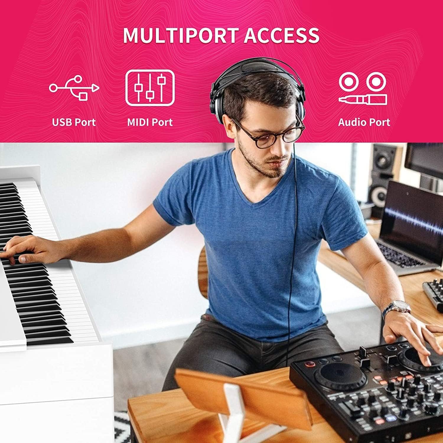 Setting 88-Key Weighted Digital Piano, Electric Upright Piano 3-Pedal Unit Board, LCD Screen, Multi-Functional Full Size Adapter Beginner/Adult (White without Piano Bench), 53.5 x 29.9 x 12.2 Inch