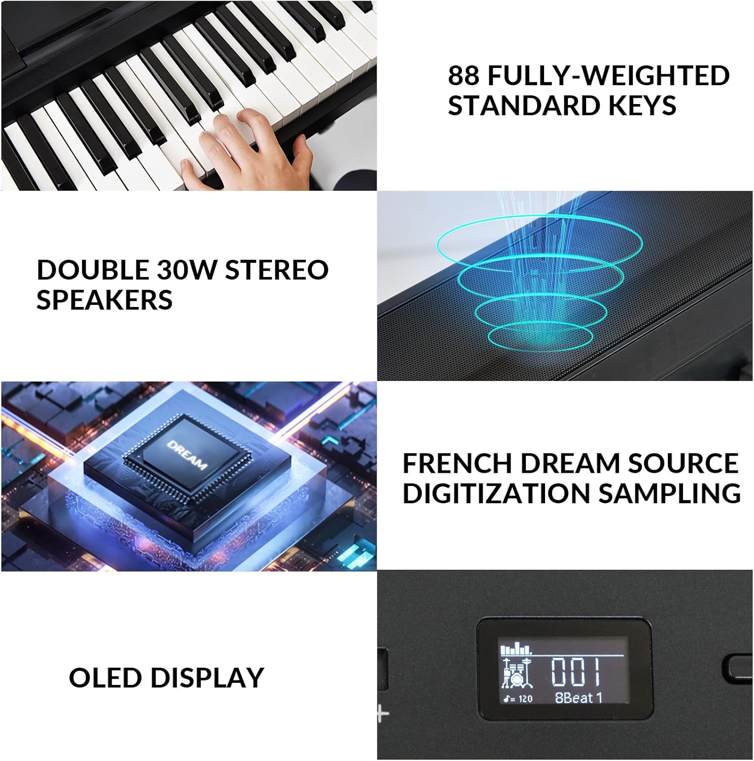 Digital Piano 88 Key Weighted Keyboard with Hammer Action, Full Size Weighted Keyboard piano 88 Key with 2x30W Speakers, Adjustable Stand, Carrying Case, Sustain Pedal, Headphone, ABS, Black