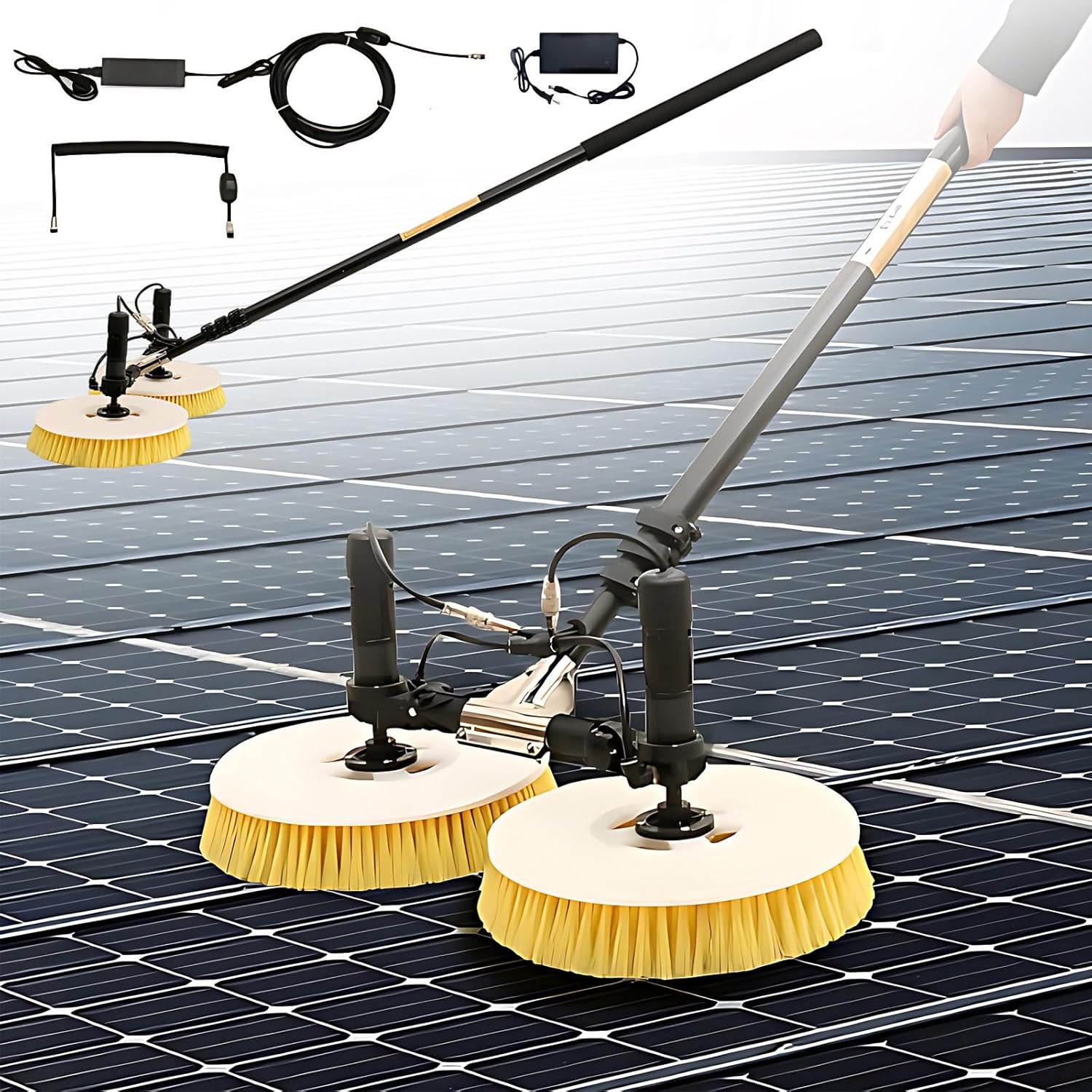 Water Fed Pole Cleaning Kit, Includes Double Head Solar Panel Brush, Telescopic Rod & Spray for Photovoltaic Systems, Windows & Pools,with-Lithium-Battery-5.5m