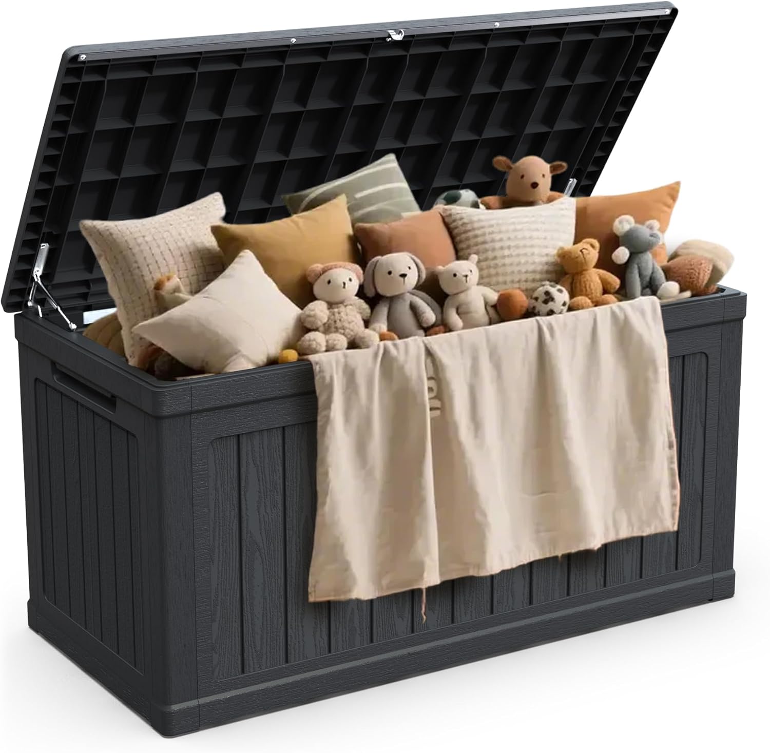 230 Gal Weatherproof Deck Box Large Outdoor Storage Organizer, Double Wall Resin Storage Chest for Patio Furniture, Cushions & Tools Waterproof, Lockable, Bench Style Table (440lbs Capacity, Black)