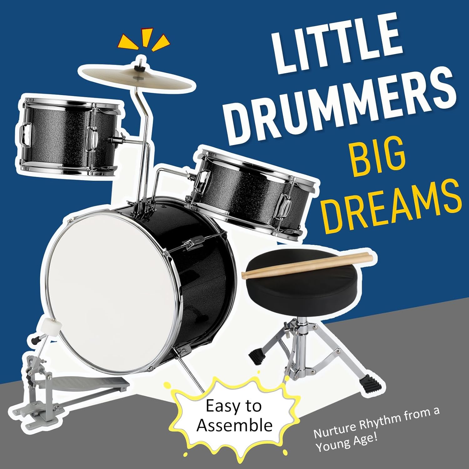 Ktaxon 3-Piece Drum Set, 14 Inch Beginners Drums Kit with Throne Stool, Pedal & 2 Pairs of Drumsticks, Junior Drums Set Musical Instruments W/Cymbal, Tom, and Snare Drum (Black)