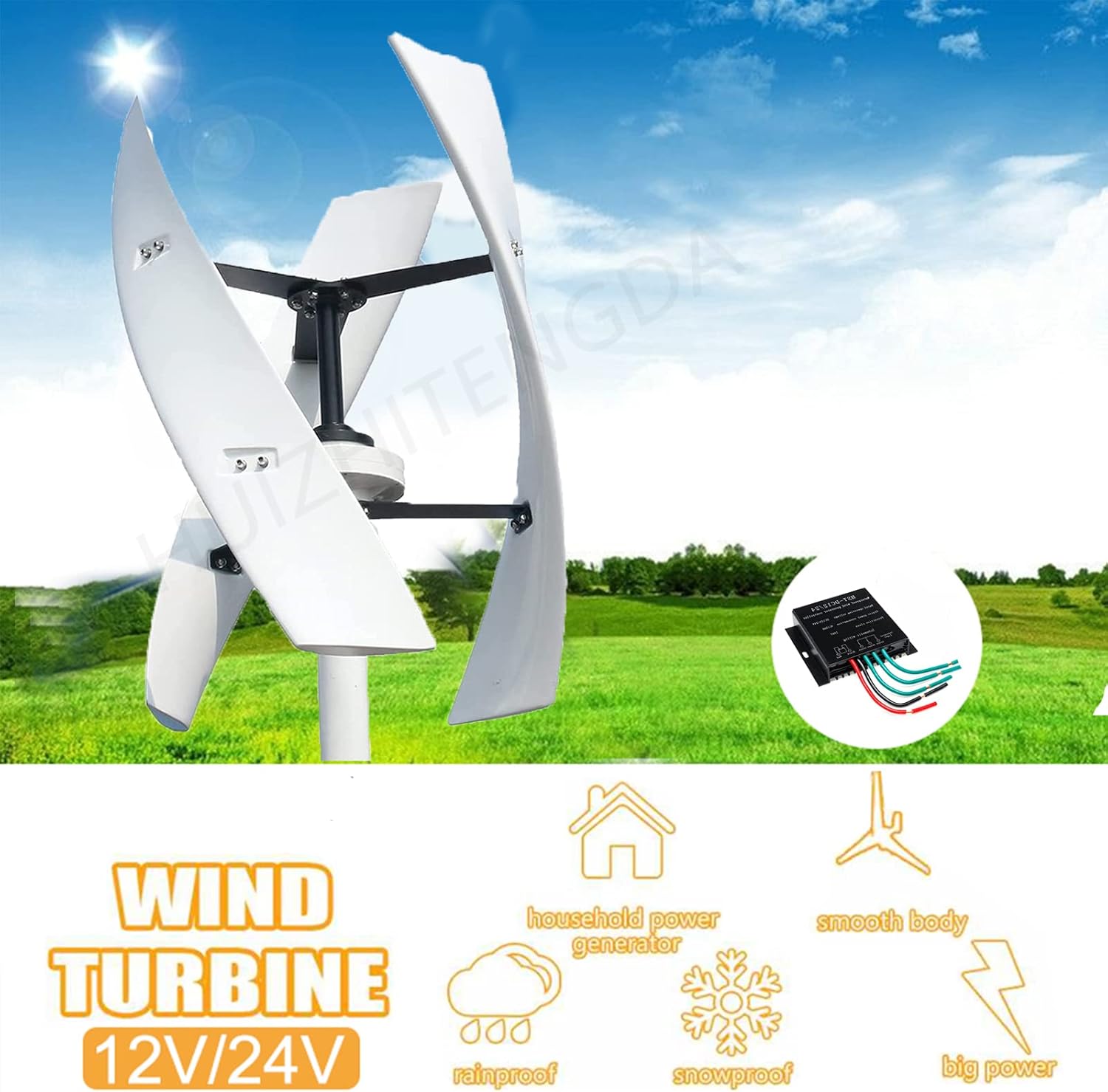 Wind Turbine Generator Set, 12V 24V 48V 220V 10000W Vertical Wind Power Turbine Generator Kit with Charge Controller for Home Factory Use (White)