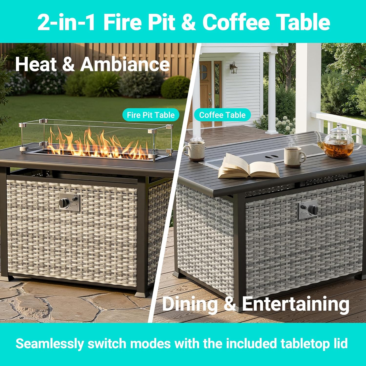 43 Inch 55,000 BTU Propane Gas Fire Pit Table, Outdoor Patio Fire Pit with Upgraded Rattan, Wind Guard, Blue Glass Stones, Extended Table Edge for Extra Storage, Easy Assembly, Grey