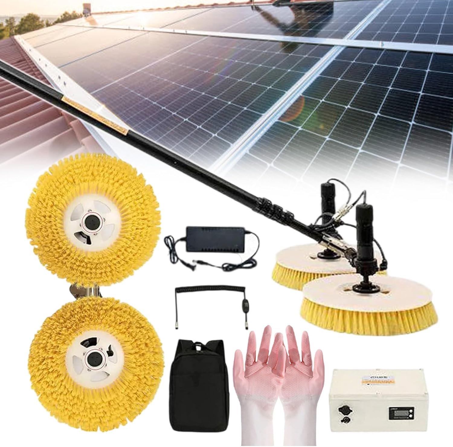 Electric Solar Panel Cleaning Tool, Double Disc Automatic Water Sprayer Cleaning Tool, Photovoltaic Panel Cleaners, Outdoor Pool Cleaning Brush, Come with A Pair of Gloves,7.5m