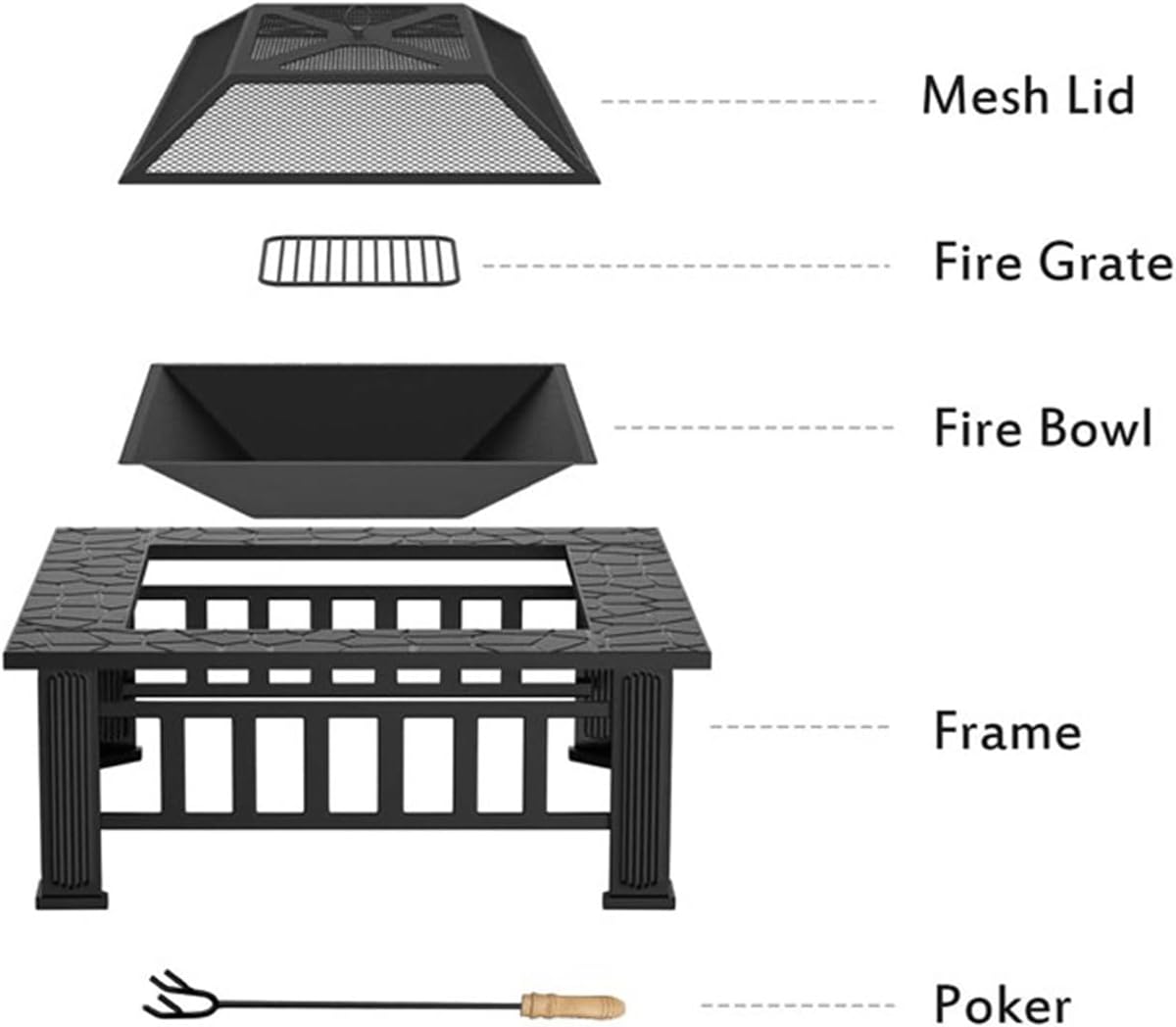 Fire Pit 32'' Wood Burning Firepit Metal Square Outdoor Fire Tables SteelFire Pit Bowl with Spark Screen Cover, Poker Log Grate for Patio Bonfire Camping Backyard Garden Picnic