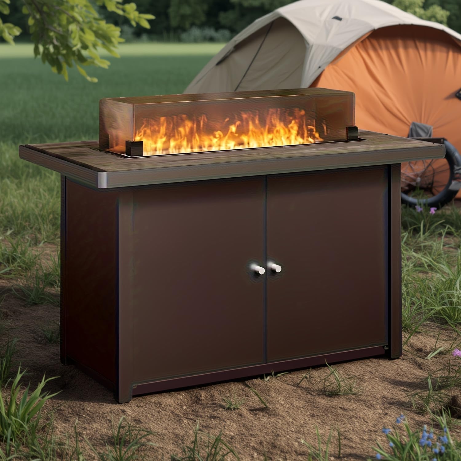 Propane Fire Pit Table with Lid, 55, 000 BTU Gas Fire Pits for Outside Patio with Glass Wind Guard, Gray Glass Beads (Black, 43-inch)