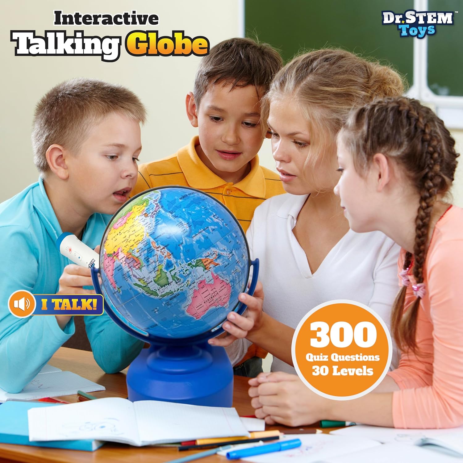 Dr. STEM Toys Interactive Talking Globe with Smart Pen, Game Panel, 300+ Geographic Quiz Questions, Touch & Learn, Music, and More - Educational Toy for Kids Ages 6+