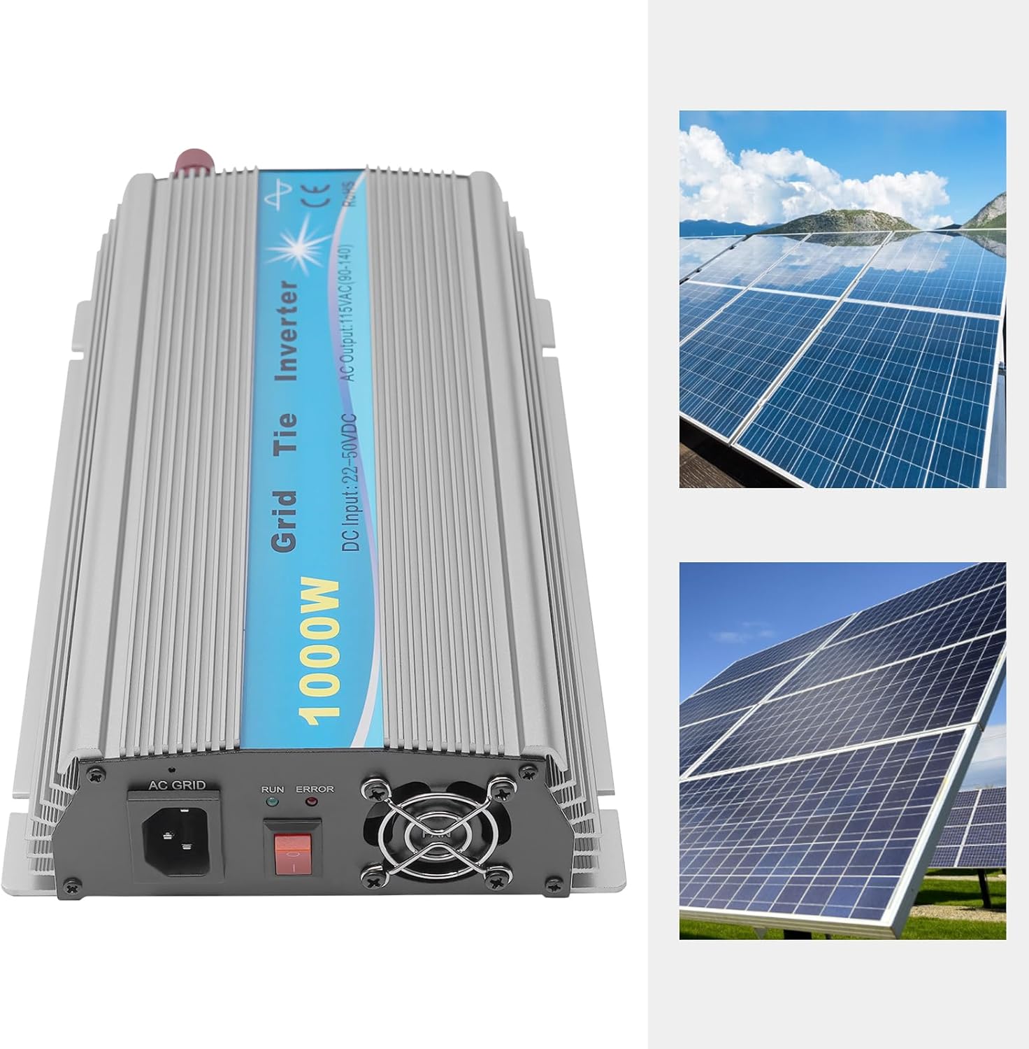 1000W Solar Micro Inverter Grid Tie, IP65 Pure Sine Wave Inverters 110V Microinverter for 22-45V Solar Panels (1000W)
