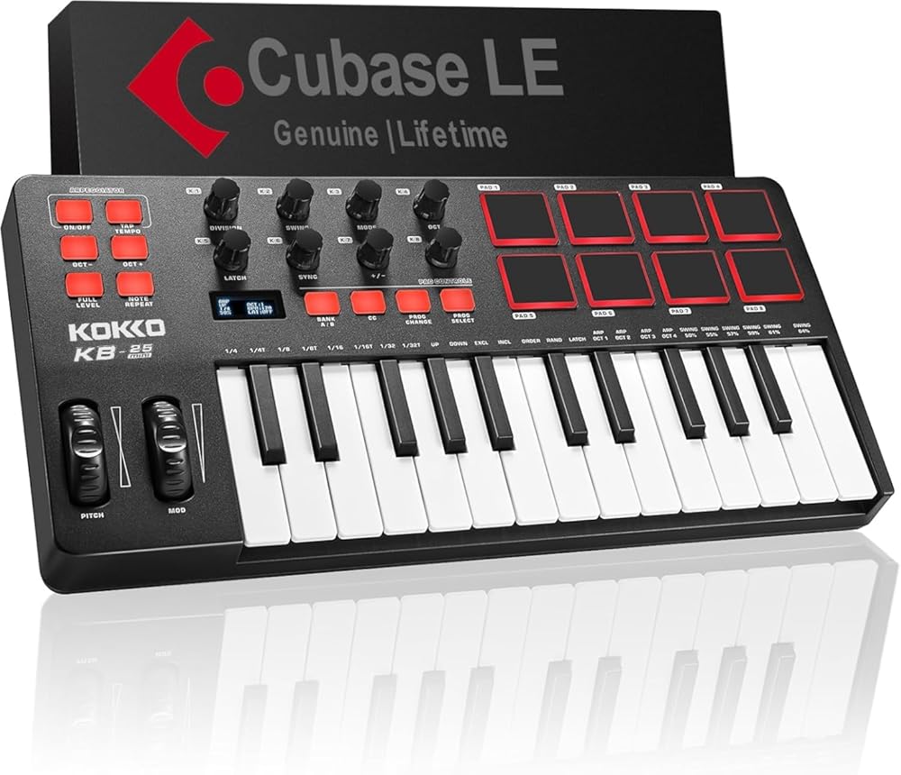 KOKKO MIDI Controller Keyboard, Mini 25 Key With 8 Backlit Drum Pads, 8 Knobs and Pitch Bend Wheel, Modulation Wheel for Music Production, Cubase LE Software Included