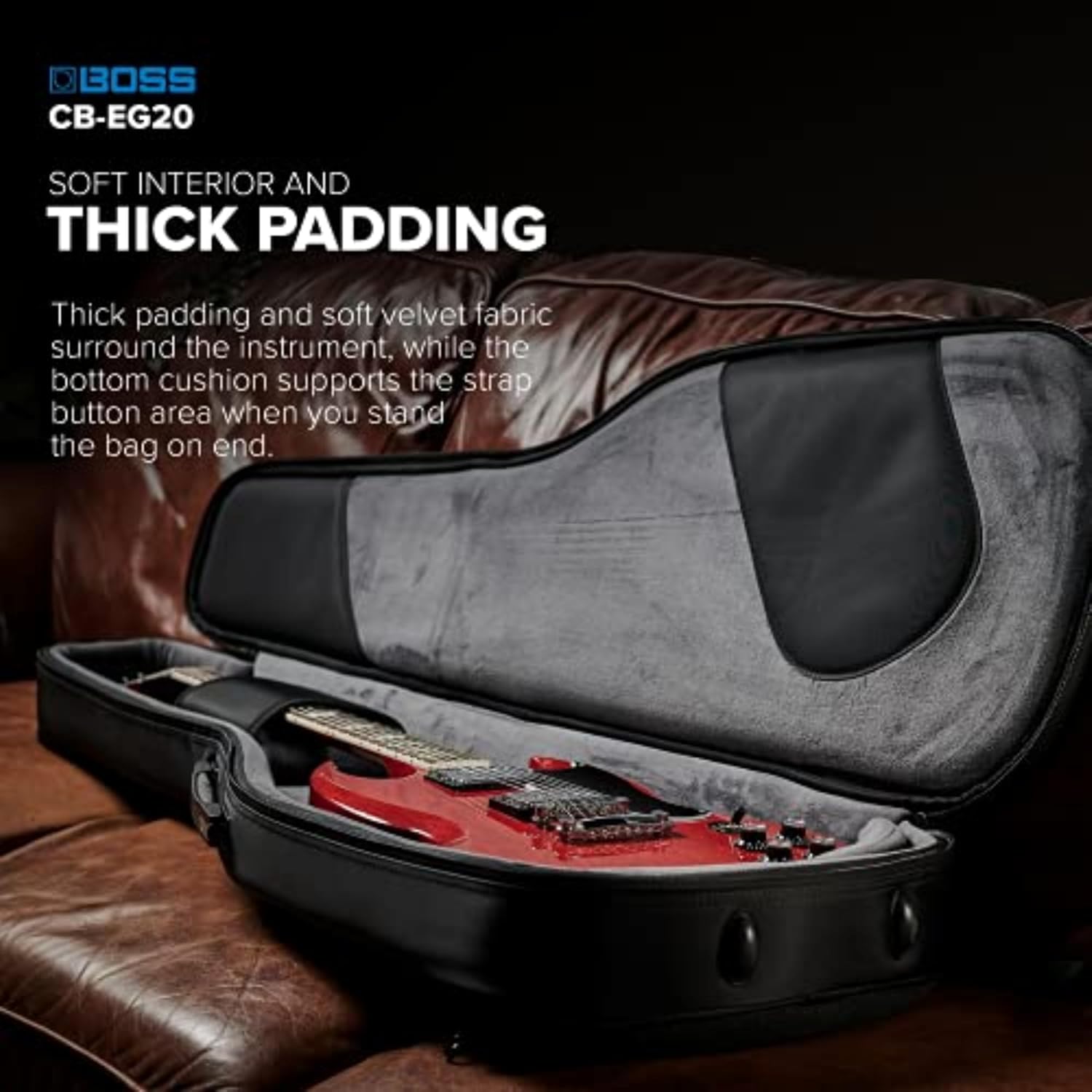 BOSS CB-EG20 – Premium Protection, Lightweight Semi-Rigid Guitar Gig Bag – Thick Internal Padding – Backpack Straps for Easy Transport – Accessories Pockets and Heavy-Duty Zippers