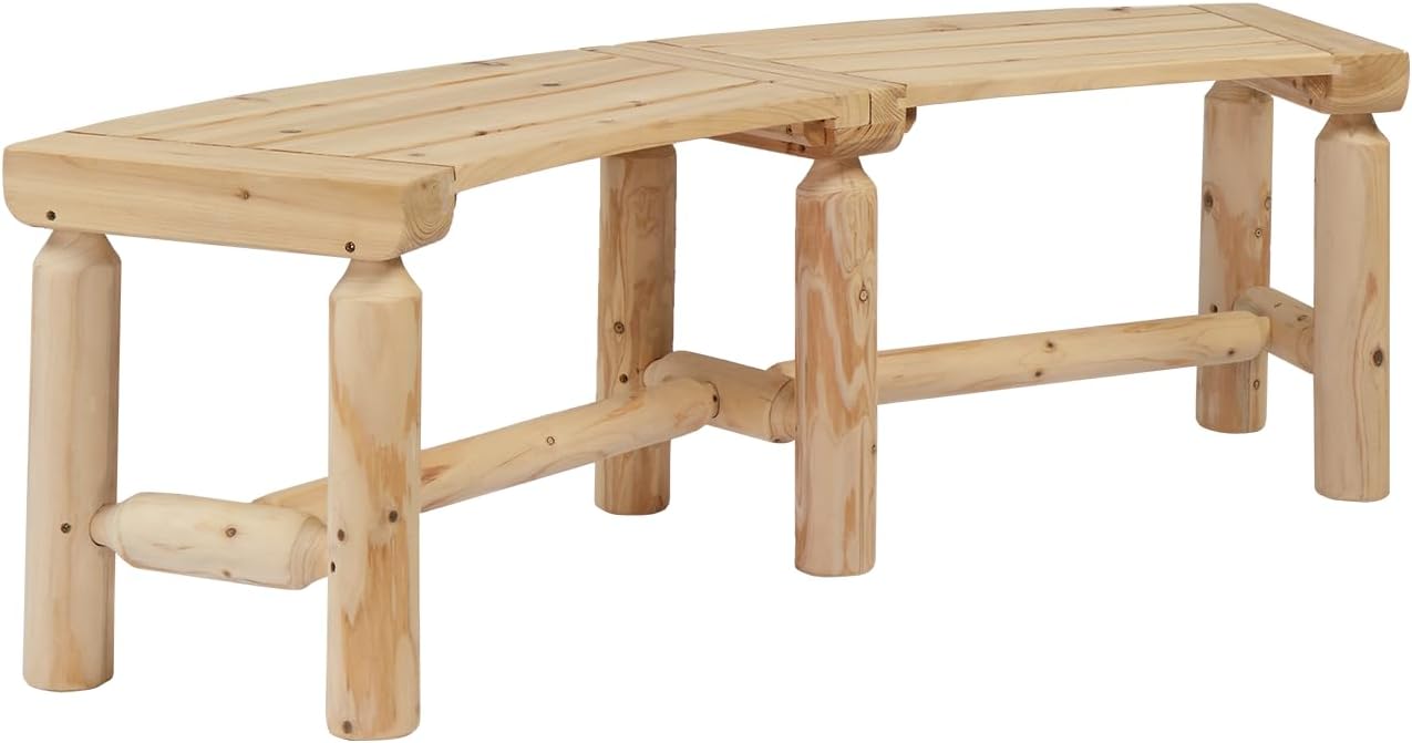 VINGLI Outdoor Bench Wooden Curved Bench, All-Weather Fire Pit Backless Patio Bench, 2-Person Seating Rustic Garden Bench for Backyard Porch Deck Entryway (Natural)